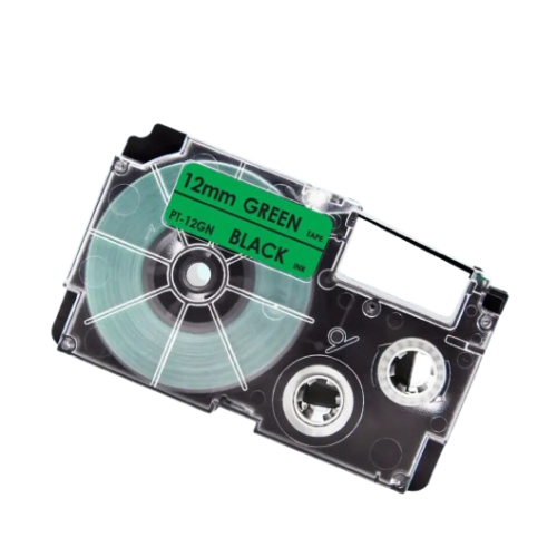 Ruban d'étiquettes compatible Casio XR-12GN, noir sur vert, 12 mm